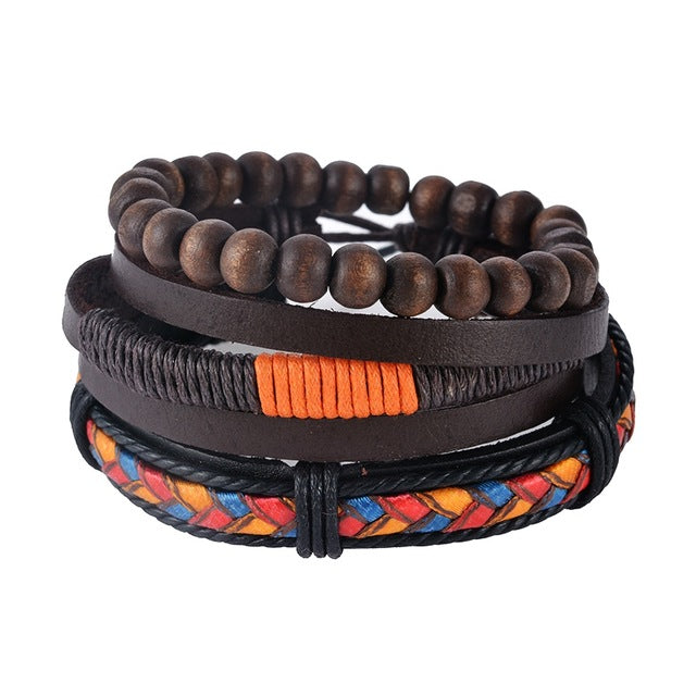 1Set (3-4PCs) Leather Bracelet Men Multilayer Bead Bracelet Punk Wrap Bracelets for Women Vintage punk Men Jewelry