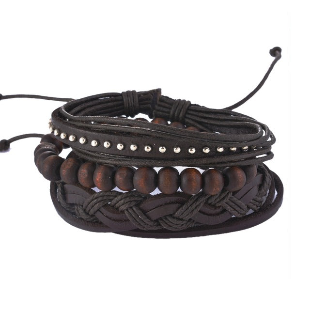 1Set (3-4PCs) Leather Bracelet Men Multilayer Bead Bracelet Punk Wrap Bracelets for Women Vintage punk Men Jewelry