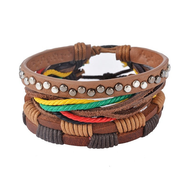 1Set (3-4PCs) Leather Bracelet Men Multilayer Bead Bracelet Punk Wrap Bracelets for Women Vintage punk Men Jewelry