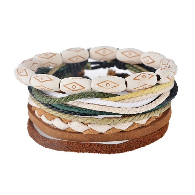 1Set (3-4PCs) Leather Bracelet Men Multilayer Bead Bracelet Punk Wrap Bracelets for Women Vintage punk Men Jewelry