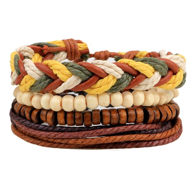 1Set (3-4PCs) Leather Bracelet Men Multilayer Bead Bracelet Punk Wrap Bracelets for Women Vintage punk Men Jewelry