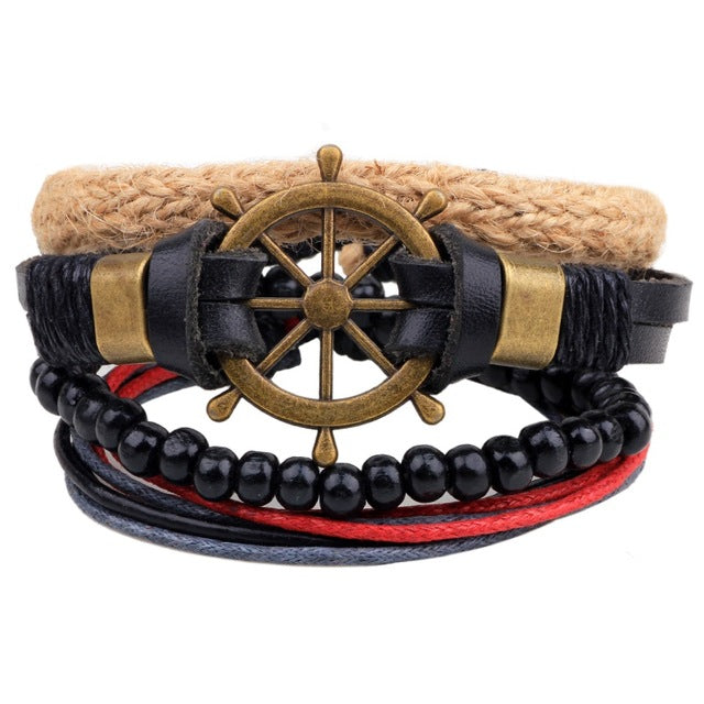 1Set (3-4PCs) Leather Bracelet Men Multilayer Bead Bracelet Punk Wrap Bracelets for Women Vintage punk Men Jewelry