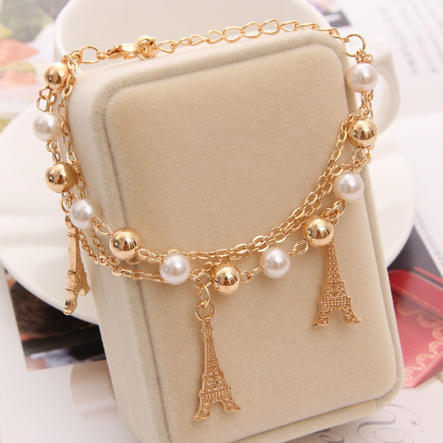 Gold Color Multilayer Beaded Pendant Bracelets and Bangles Fashion Women Heart Butterfly Charm Bracelet Jewelry Accessories