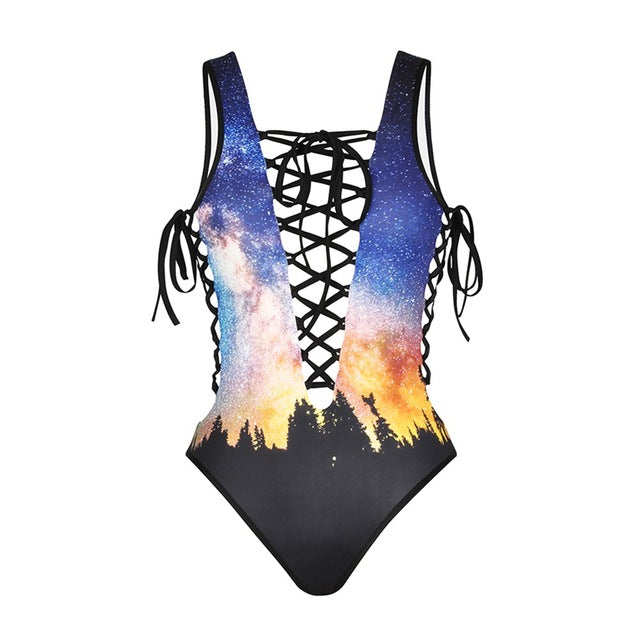 New Sexy Bandage One Piece Swimsuit Sets Deep V Swimwear 3D Skull