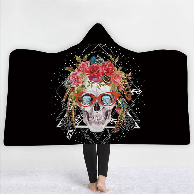 Sugar Skull Flower Hooded Blanket For Adults Kids