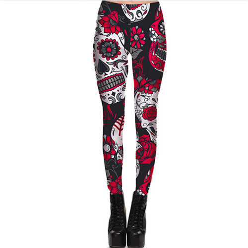 Hot Sell Skull Leggings Women's Skull&flower Black Leggings Digital Print Trousers 7 color skull Woman Stretch Pants Plus Size