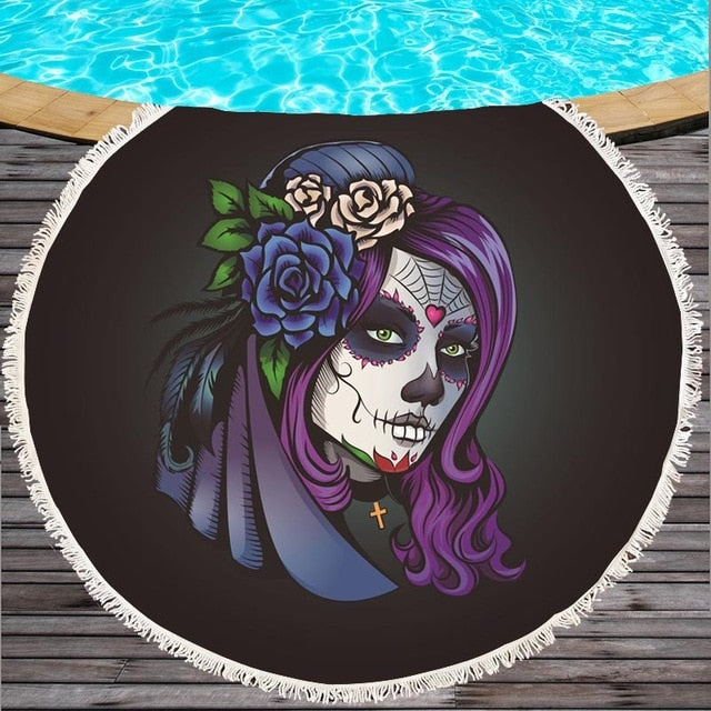 10 colors Black Grey red Sugar Skull Summer Round Beach Towel Microfiber Bath Towel Large