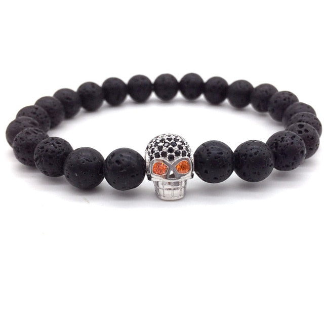 Hot Fashion Trendy Skeleton Charm Bracelet For Men Women CZ Skull Head Men Bracelet Lava Stone Jewelry Gift