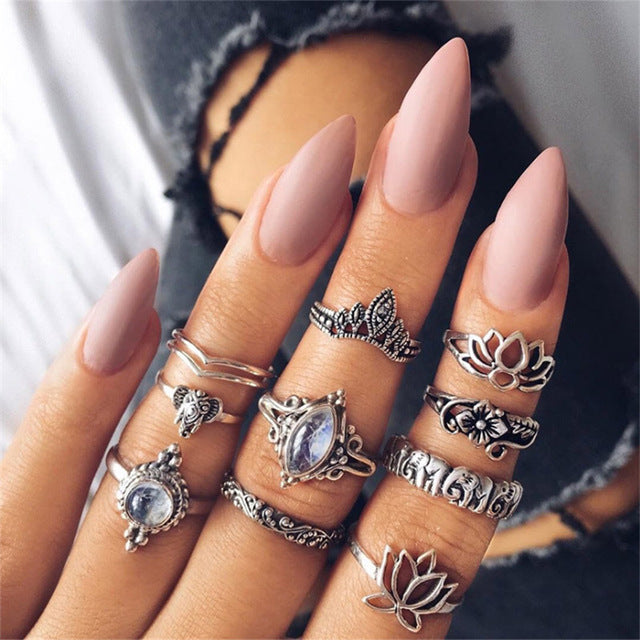 7 Style Vintage Knuckle Rings for Women Boho Geometric Flower Crystal Ring Set Bohemian Midi Finger Jewelry Bague Femme
