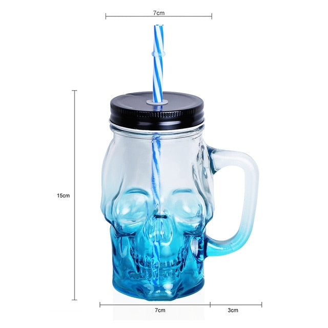 Skull Mason Jar 500ML Creative Design Glass Beer Mug With Straw