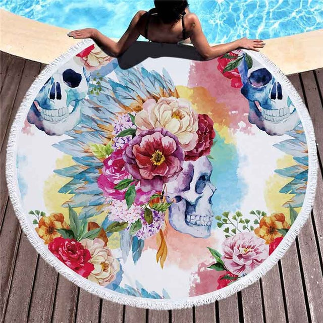Microfiber Large Bath Towel for Beach Thick 150cm Round Sugar Skull Printed Beach Towel Quick Compressed Towel Tapestry Yoga Mat