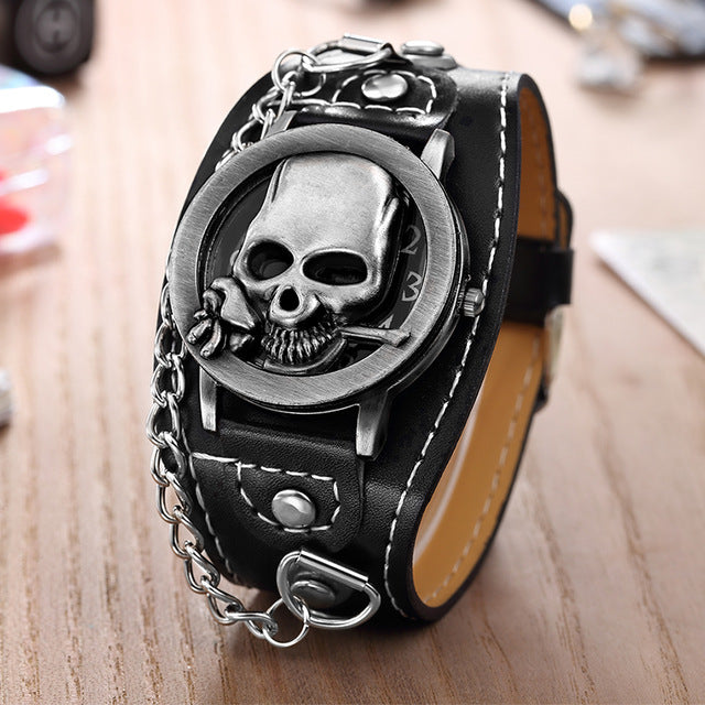 High Quality Brand Unique Skull Quartz Punk Watches Luxury Leather Sports Watch Relogio Masculino 1831-5