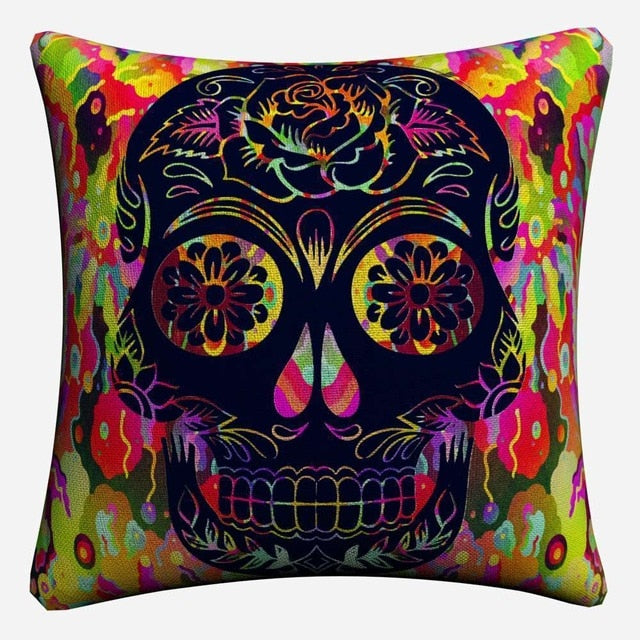 Sugar Skull Psychedelic Mandala Art Decorative Cotton Linen Cushion Cover