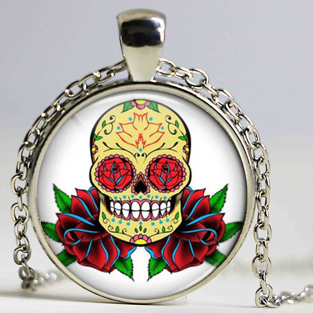 Vintage Floating Locket Bronze Chain Statement Necklace Art Picture Sugar Skull Glass Cabochon Gothic Necklaces & Pendants