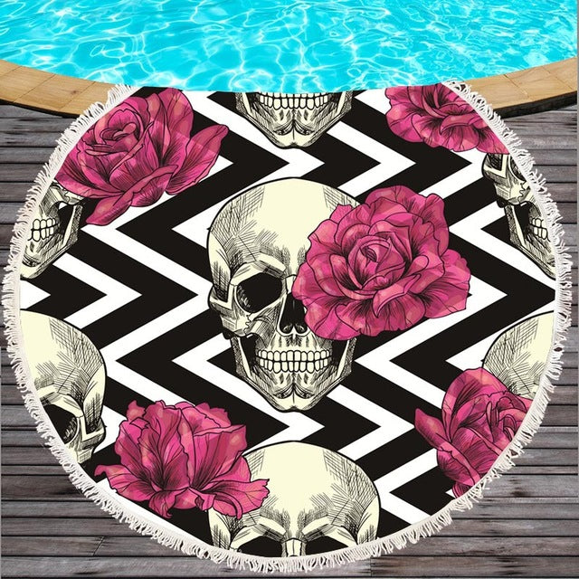 10 colors Black Grey red Sugar Skull Summer Round Beach Towel Microfiber Bath Towel Large