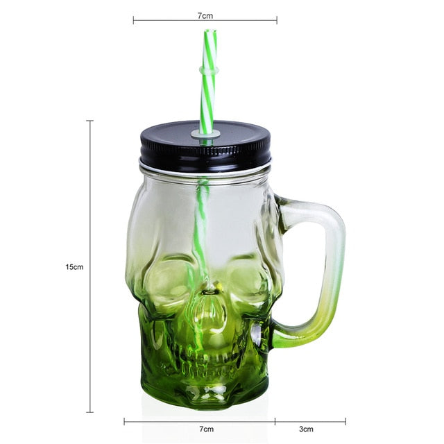 Skull Mason Jar 500ML Creative Design Glass Beer Mug With Straw