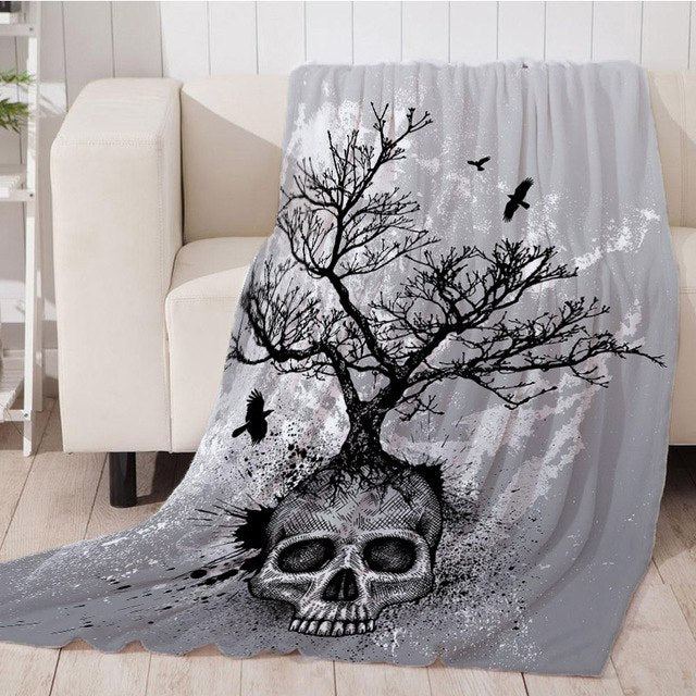 Custom Flannel Fleece Fabric Blanket Suger Skull and Flower Sofa Bed Throw Blanket Kid Adult Warm Black Blanket Dropship