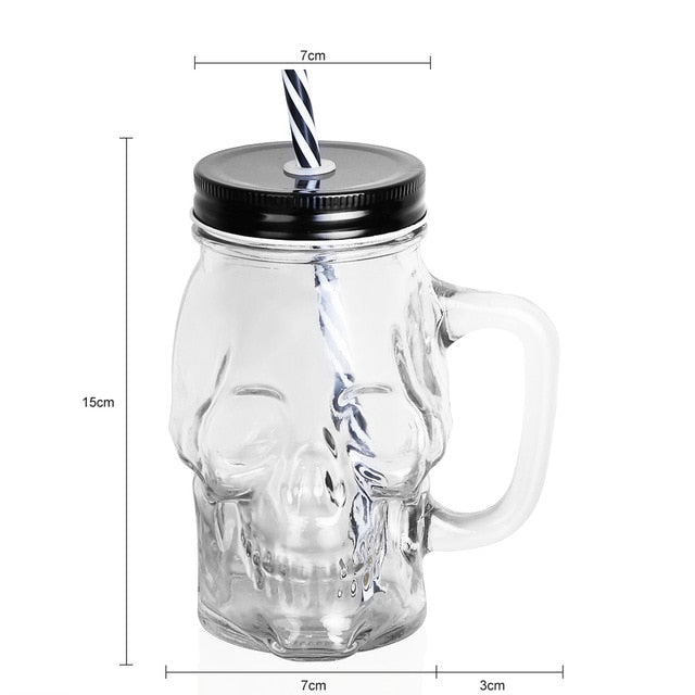 Skull Mason Jar 500ML Creative Design Glass Beer Mug With Straw
