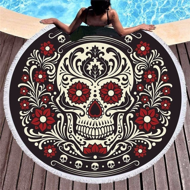 Sugar Skull Hippie Flowers Round Beach Towel