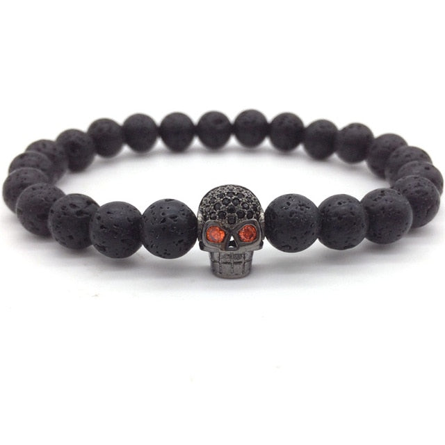 Hot Fashion Trendy Skeleton Charm Bracelet For Men Women CZ Skull Head Men Bracelet Lava Stone Jewelry Gift