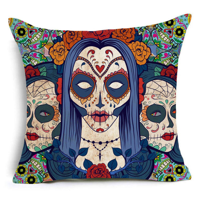 DecorUhome Folkloric Sugar Skull Cushion Covers Polyester Sequin pillow Cover for Sofa Bed Nordic Decorative Pillow Case