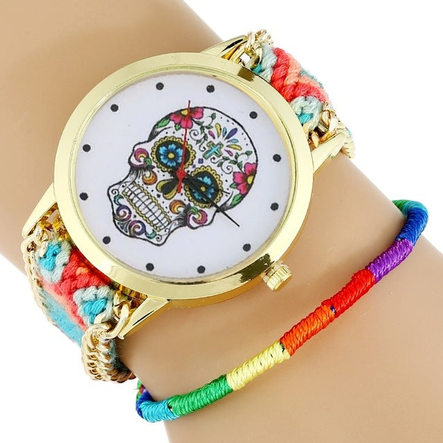 Women Watch Sugar Skull woman dress wristwatch Fashion Hippie Fabric Bracelet Skeleton reloj dama Geneva Style