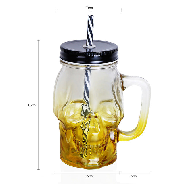 Skull Mason Jar 500ML Creative Design Glass Beer Mug With Straw