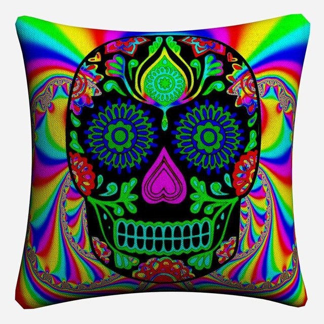 Sugar Skull Psychedelic Mandala Art Decorative Cotton Linen Cushion Cover