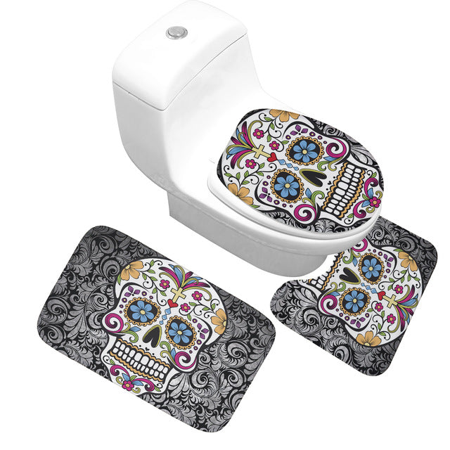 3-Piece Halloween Skull Thick Bathroom Rug Set Closestool Cover Slip Resistance Rugs