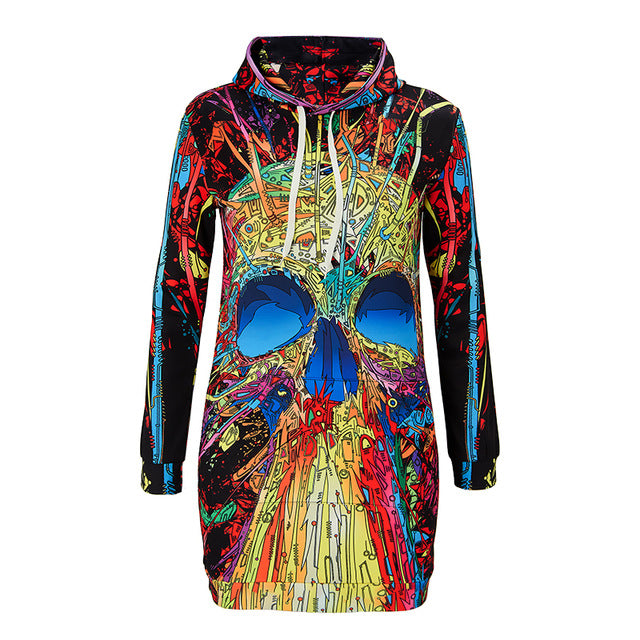Casual Autumn Winter Skull Hooded Dress Women Long Sleeve 3d Print Plus Size Sweatshirt Dresses Sexy Drawstring Dress Vestidos