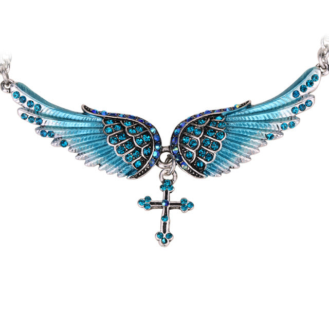 Angel Wing Cross Choker Necklace Guardian Women Biker Crystal Jewelry Gifts
