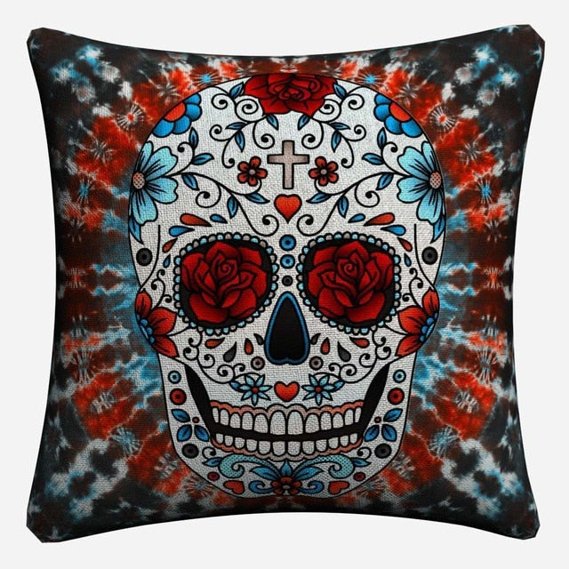 Sugar Skull Psychedelic Mandala Art Decorative Cotton Linen Cushion Cover