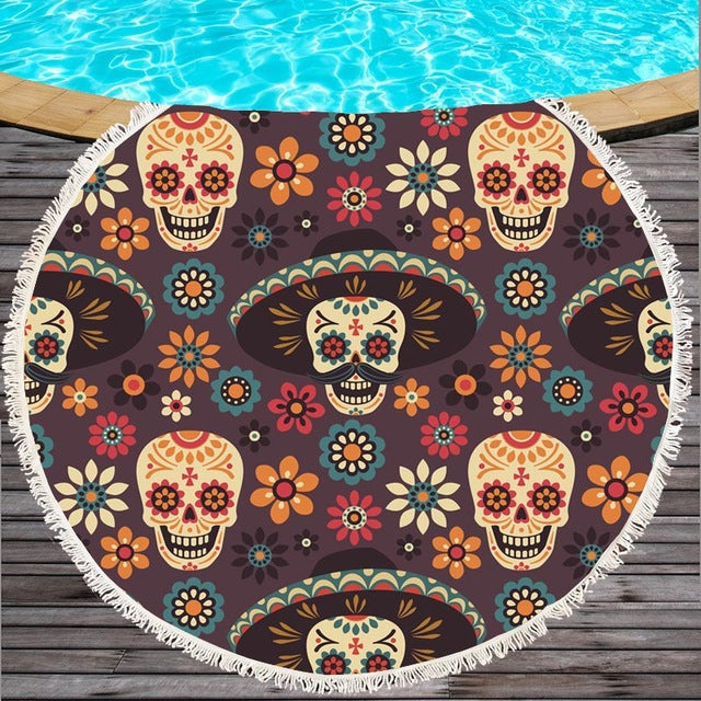 10 colors Black Grey red Sugar Skull Summer Round Beach Towel Microfiber Bath Towel Large