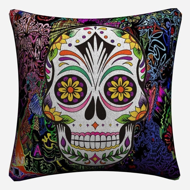 Sugar Skull Psychedelic Mandala Art Decorative Cotton Linen Cushion Cover
