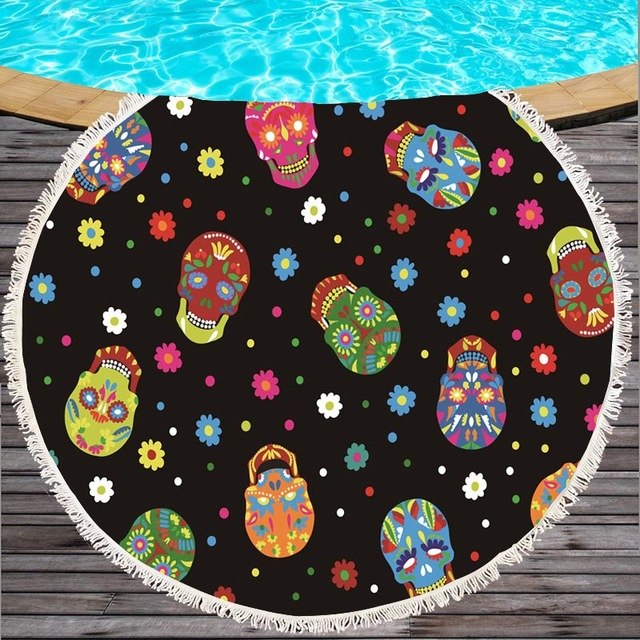 10 colors Black Grey red Sugar Skull Summer Round Beach Towel Microfiber Bath Towel Large