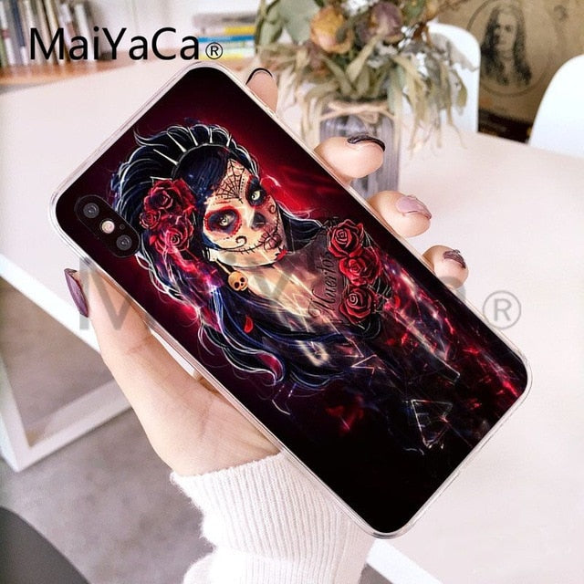 Funny Sugar Skull Girl Tattoo Transparent Shell Phone Case For iphone