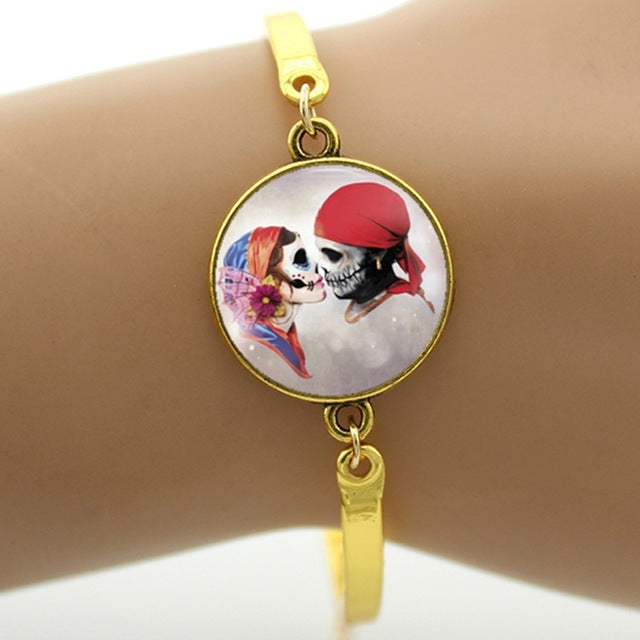 Colorful sugar skull bracelet hipster red floral roses charm skeleton jewelry Day of the Dead Halloween jewellery