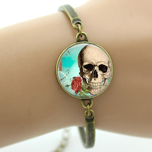 Colorful sugar skull bracelet hipster red floral roses charm skeleton jewelry Day of the Dead Halloween jewellery