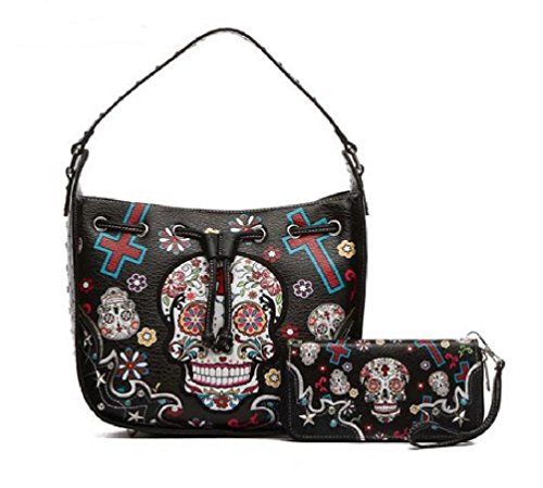 Western Sugar Skull Hobo Shoulder Bag with Drawstring Closure and Matching Wallet, Removable Crossbody Strap