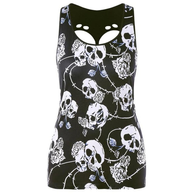 New Fashion Women Plus Size Skull Print Hole Hollow Out Sleeveless Black Creative design Blouse Pullover Tops Shirt