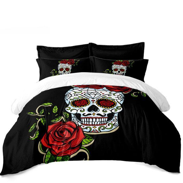 Sweet Sugar Skull Bedding Set Rose Print Lady Duvet Cover Set Pillowcase Soft Bedclothes Bedroom Decor Bed Set 3Pcs