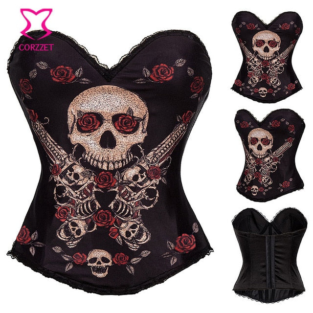 Red Rose Flower & Skulls Printed Sexy Corset