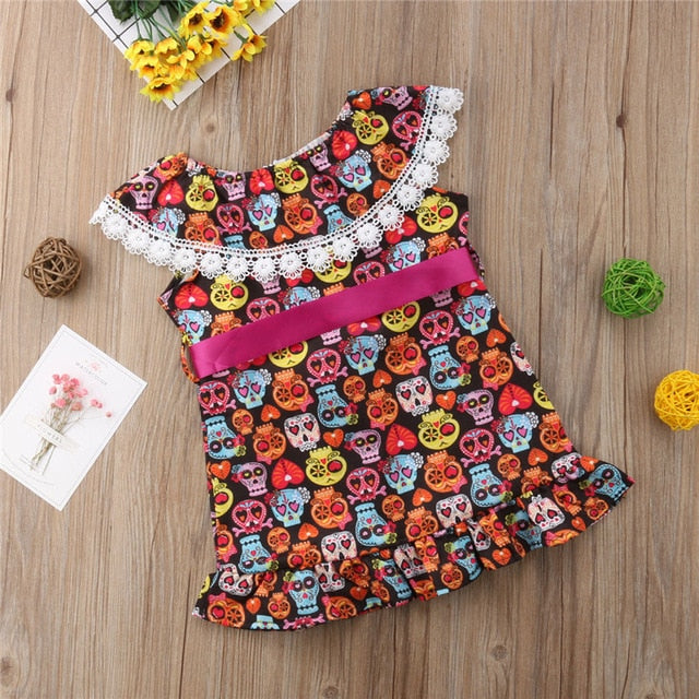 Toddler Baby Girls Dress Skull Print Bow-knot Lace Ruffles Off Shouler Dresses Princess