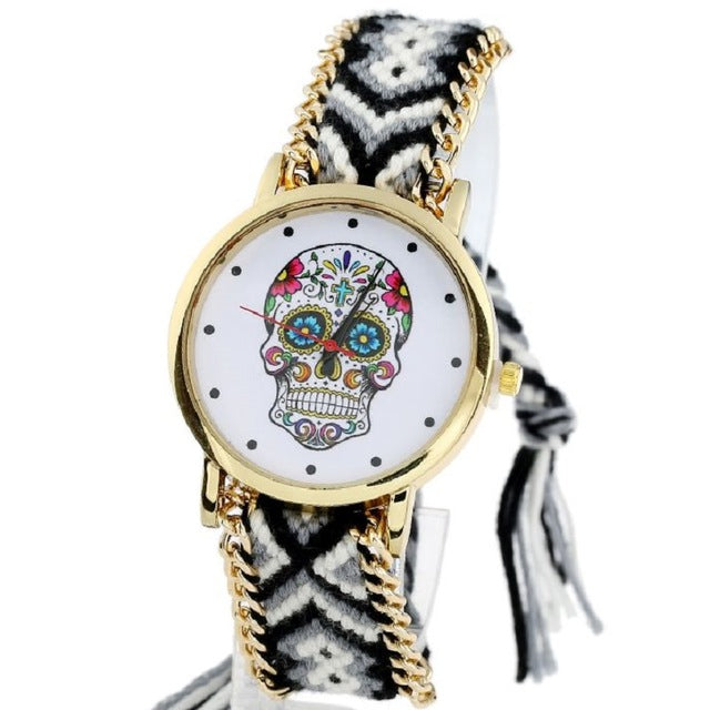 Women vintage Mexican Catrina Style Skull Fashion wristwatch Lace Golden Braided