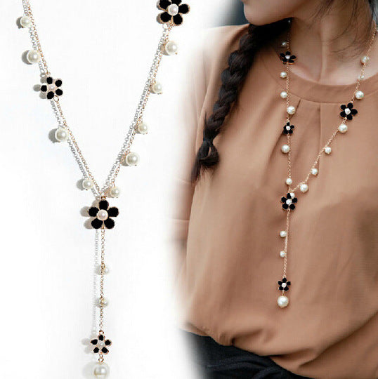 Flower Long Necklace for Women Fashion Simulated Pearl Jewelry Tassel Perlas Necklaces & Pendants Bijoux Femme Perle