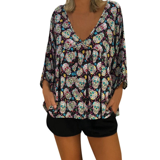 Sexy Top Women Blouse Womens 3/4 Sleeve Skull Print
