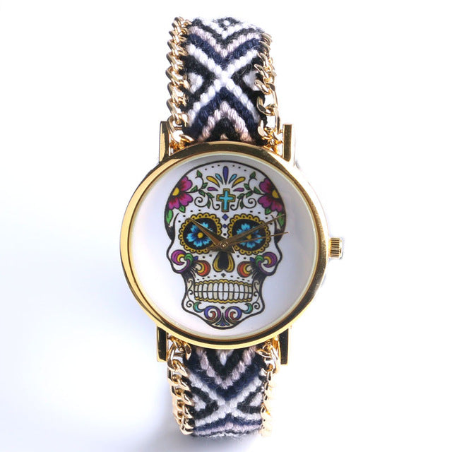 Fashion Sugar Skull Bohemian Stainless Steel Women Watch With 4 Colors Fabric Band For Gifts