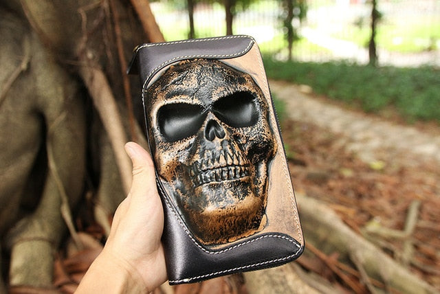 New punk type tanning cowhide skeleton skull wallet