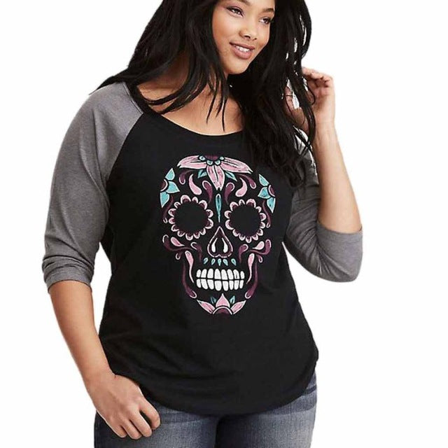 Plus Size Womens Tops and Blouses Skull Print Baseball Tee Shirt O Neck Three Quarter Sleeve Tunic Top Clothing Blusa Feminina