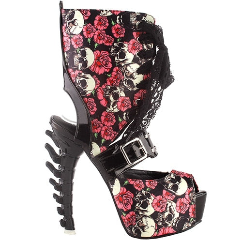 Punk Skull Rose Print Stud Buckle Lace Bone Heel Club Ankle Boo0tie Sandals